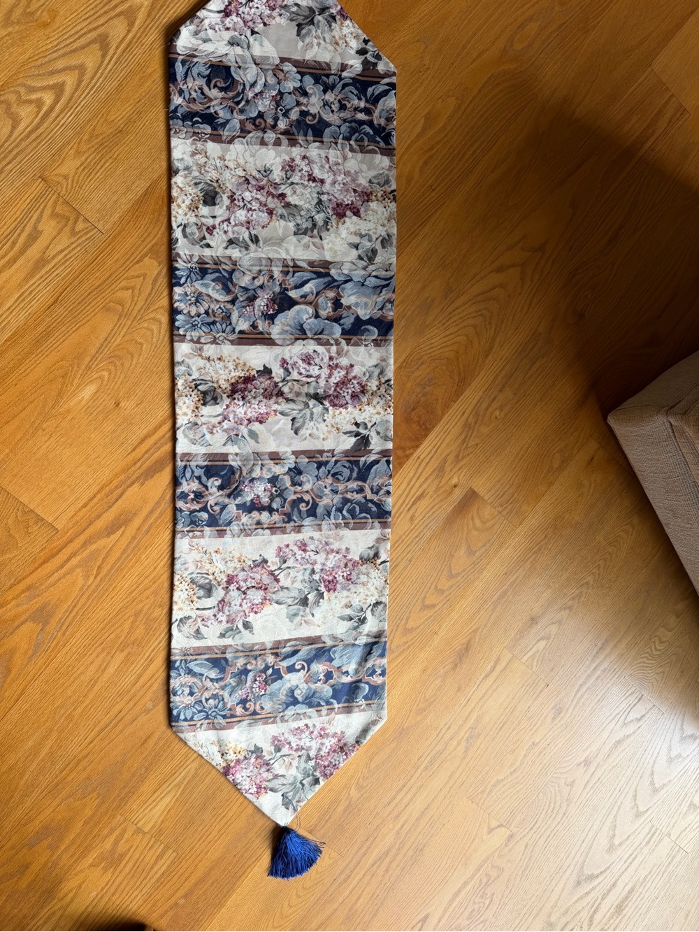 Floral Stripe Table Runner with Navy Tassel